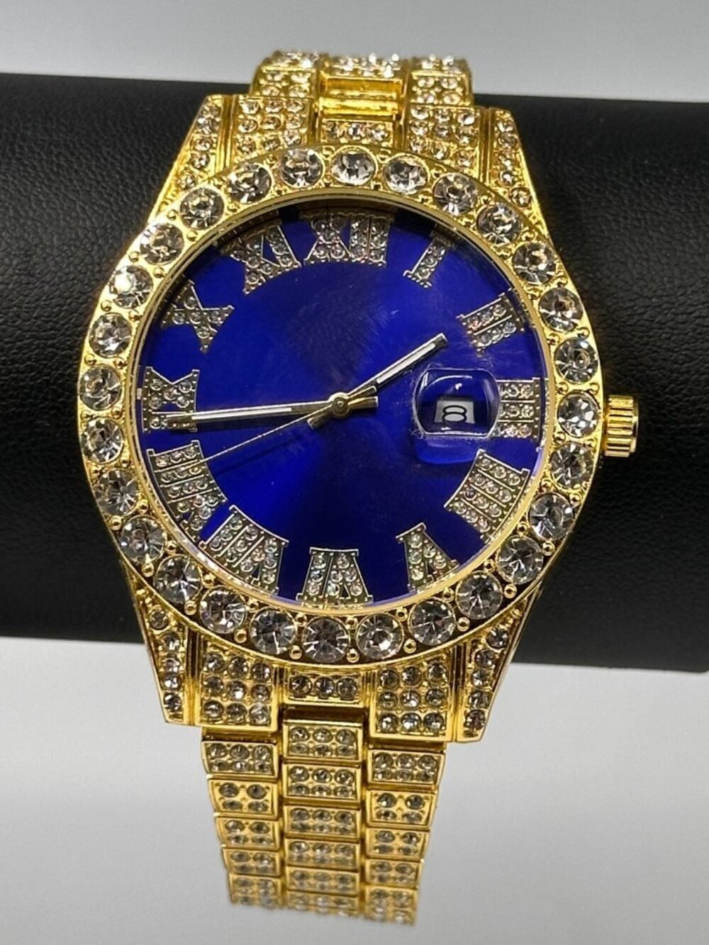 Men Bling Watch Gold Tone Blue Dial Date Window 42MM New Battery 8.5"